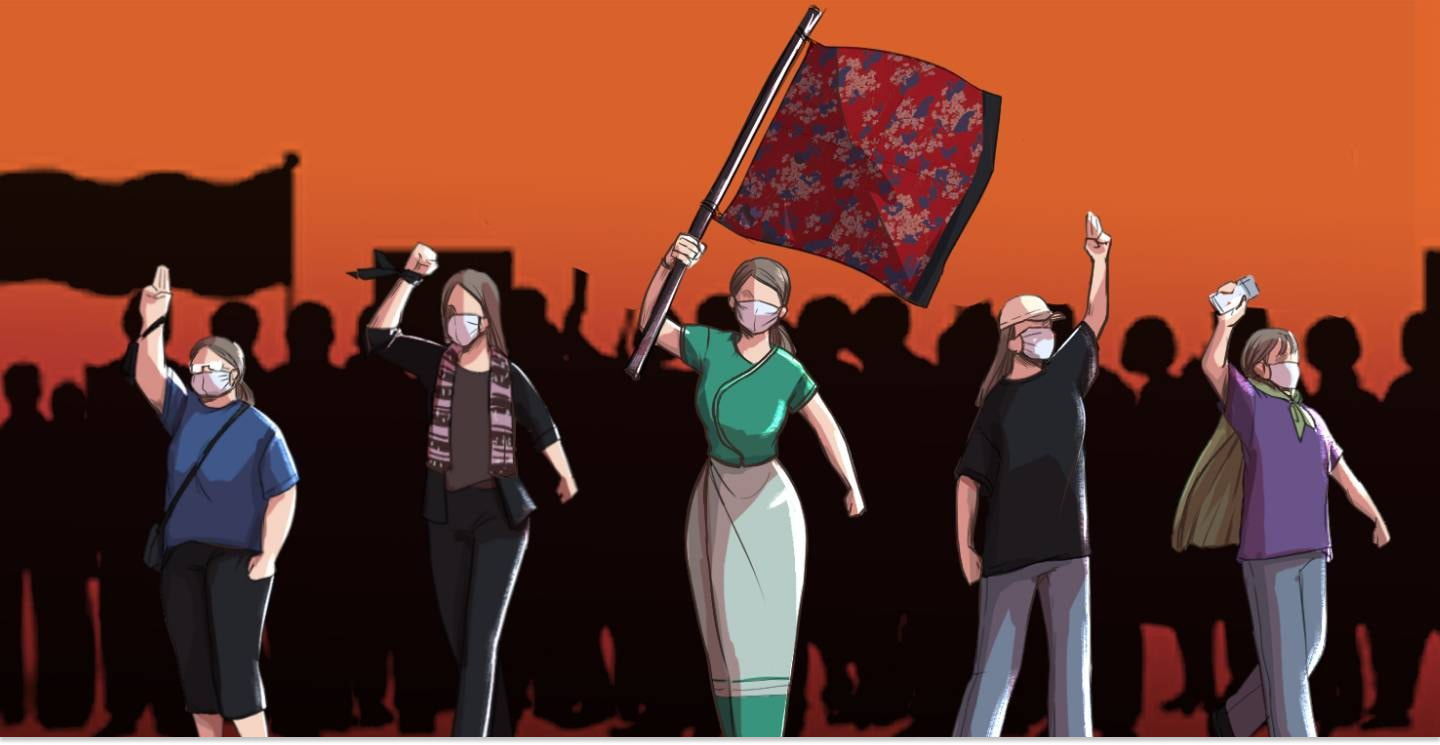 Women marching during Myanmar Spring Revolution
